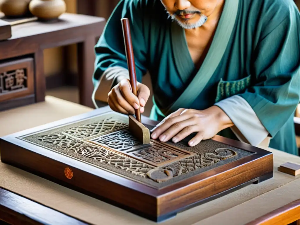 Artesano tallando caracteres chinos en bloque de madera, destacando el impacto de la imprenta en Asia durante la dinastía Song