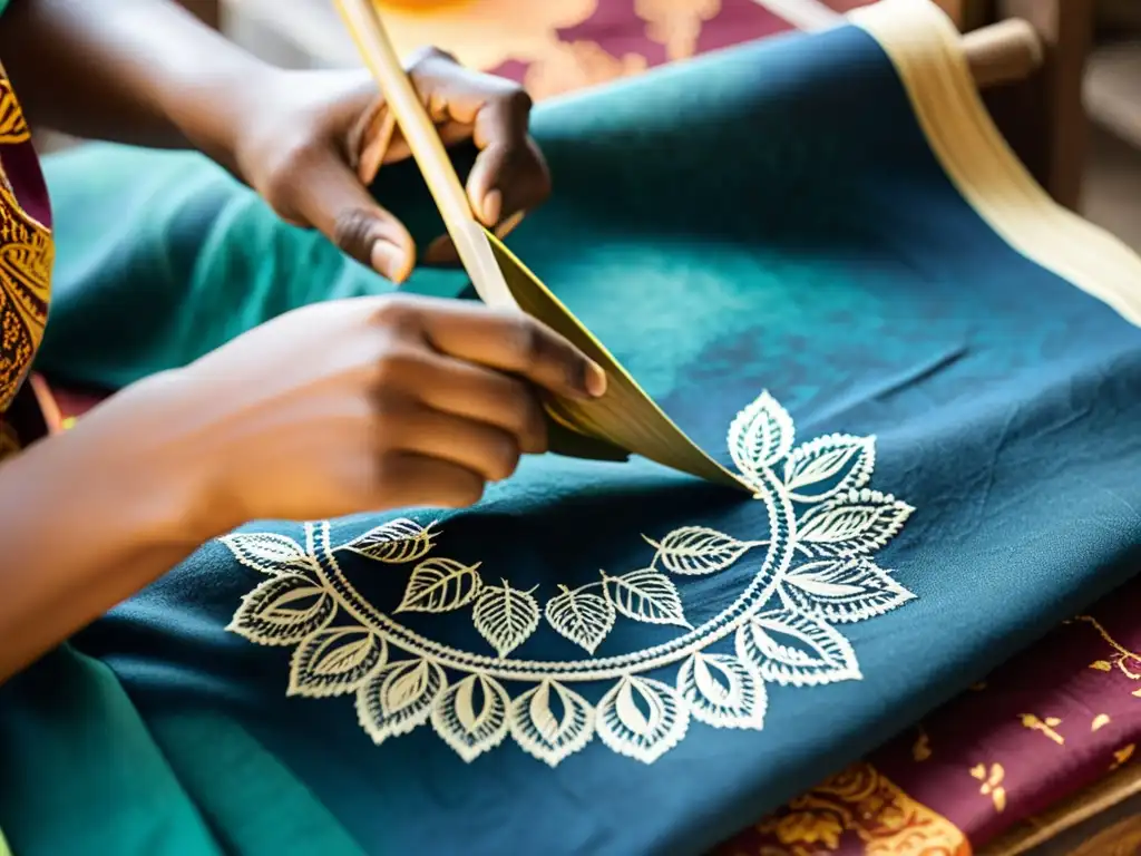 Un artesano aplica cera a la tela con la técnica de batik, resurgimiento del Shibori y Batik con colores vibrantes y herramientas tradicionales