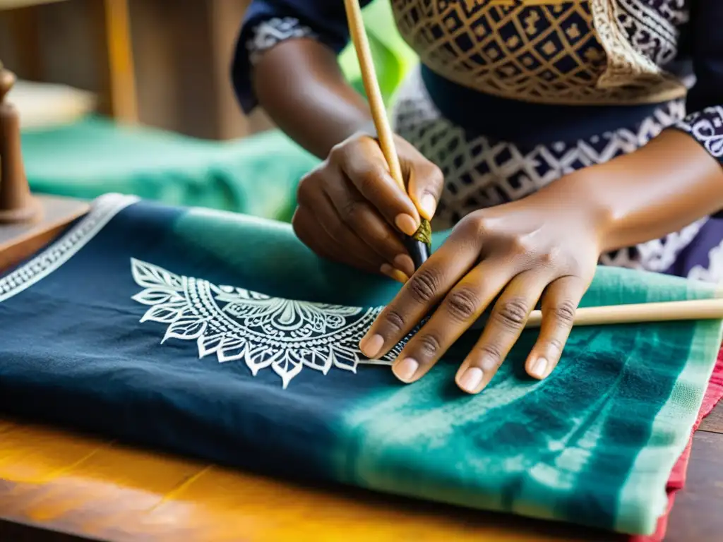 Un artesano hábil aplica cera a tela con la técnica tradicional de batik, mostrando patrones intrincados y colores vibrantes