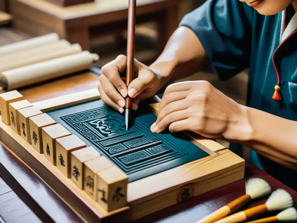 Artesano chino tallando bloques de madera para la revolución papel imprenta antigua China, inmerso en la tradición y la historia cultural