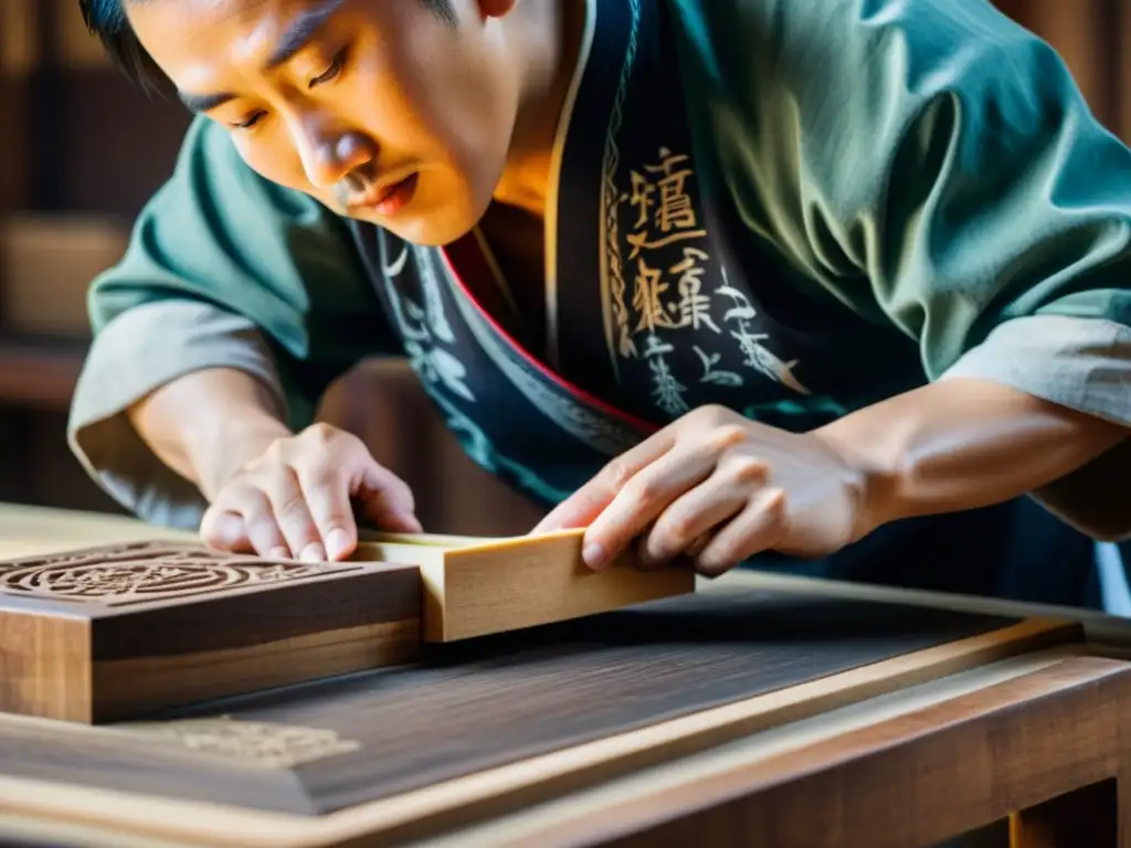 Un artesano chino talla con cuidado caracteres en un bloque de madera, mostrando la revolución del papel e imprenta en la antigua China