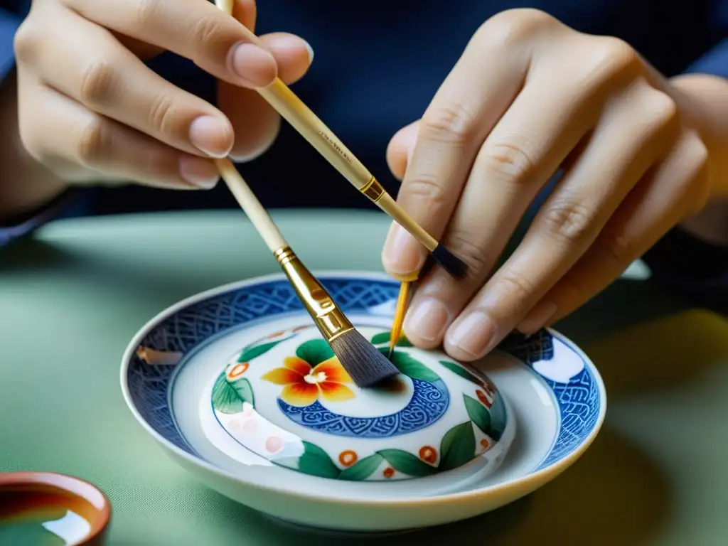 Un artesano chino pinta con delicadeza diseños en porcelana, mostrando la historia y la artesanía de la porcelana china de los emperadores