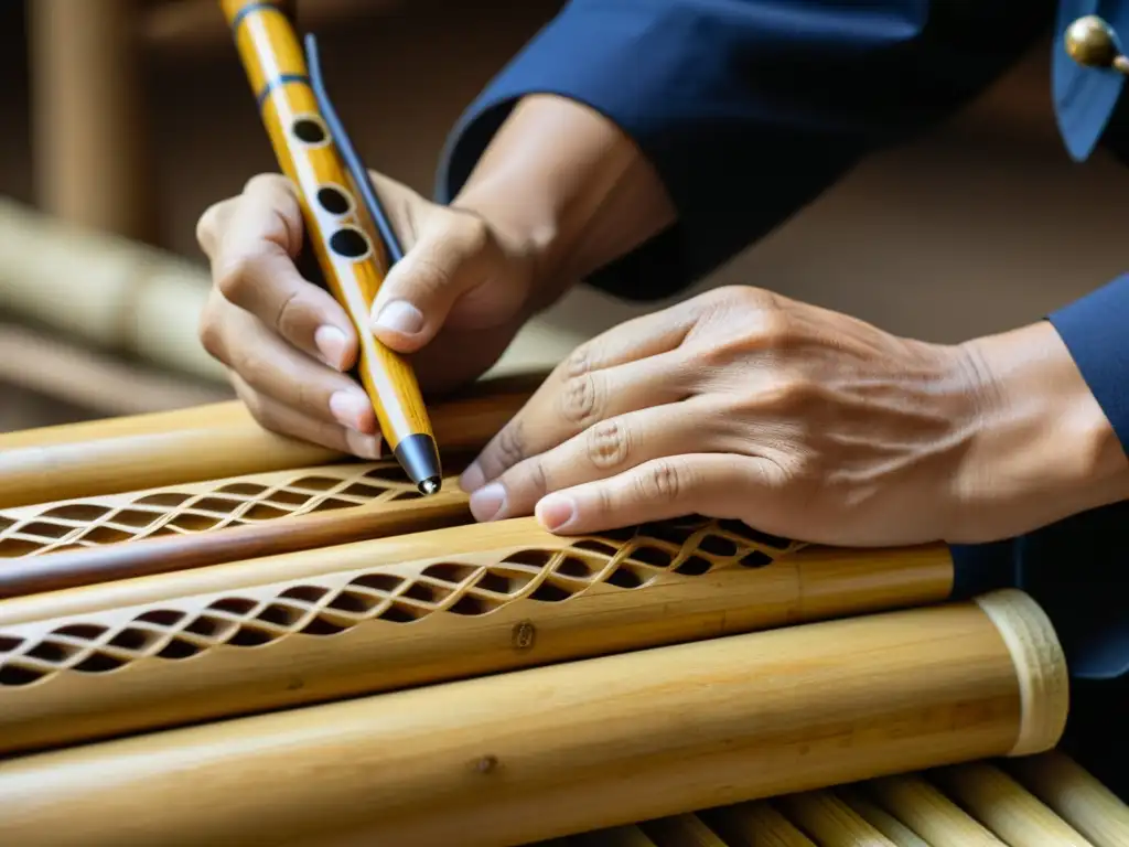 Un artesano chino esculpe meticulosamente diseños en un bambú para crear un Dizi, la flauta tradicional china