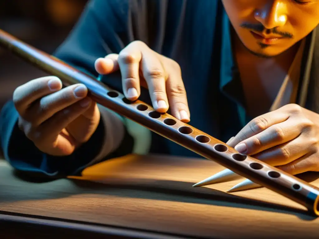 Un artesano chino talla con maestría un dizi en su taller, resaltando la artesanía y tradición del instrumento