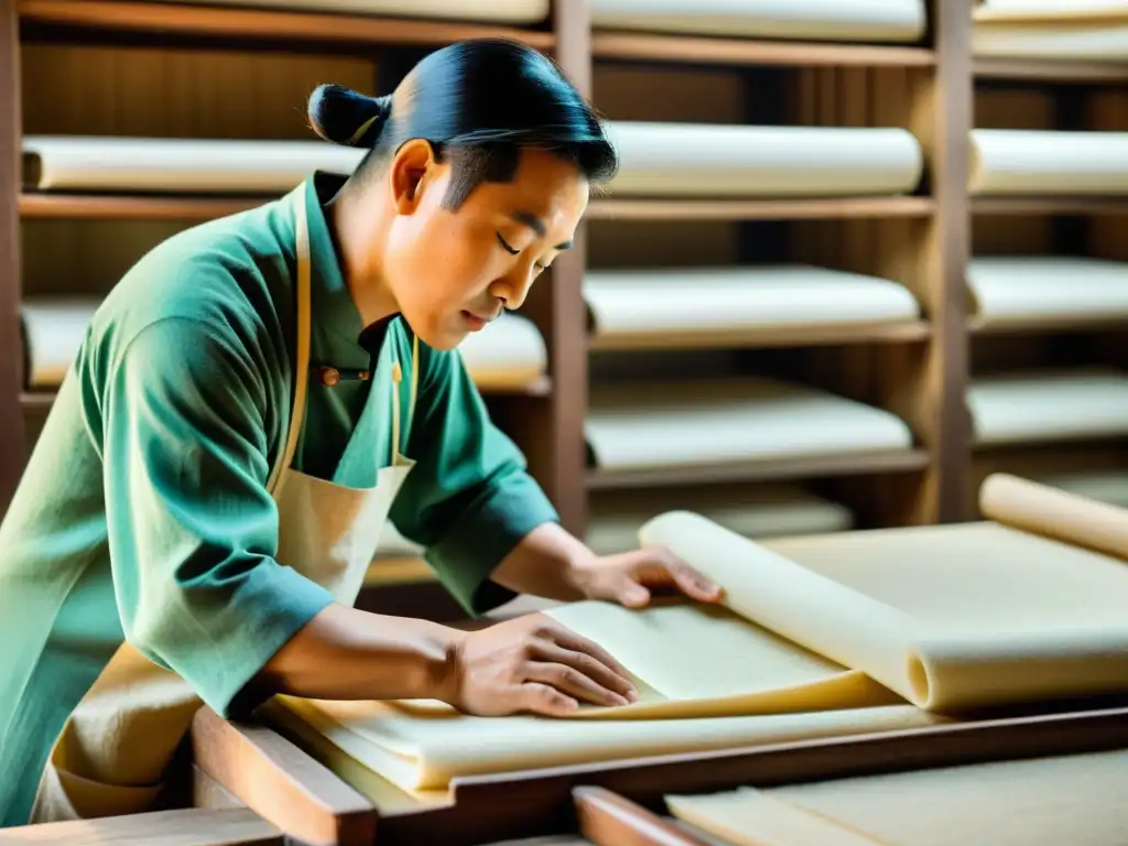 Un artesano chino inspecciona detenidamente una hoja de papel hecha a mano, destacando la revolución del papel e imprenta en la antigua China