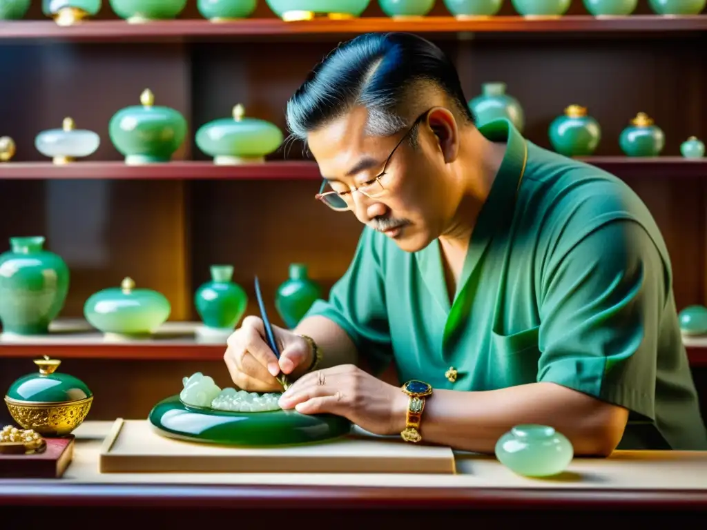 Un artesano chino talla con precisión una pieza de jade, rodeado de gemas y joyas, en un ambiente de alta joyería china artesanía