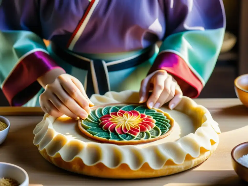 Un artesano coreano experto moldea con cuidado Yakgwa, una galleta tradicional coreana, destacando la meticulosa artesanía y la rica herencia cultural