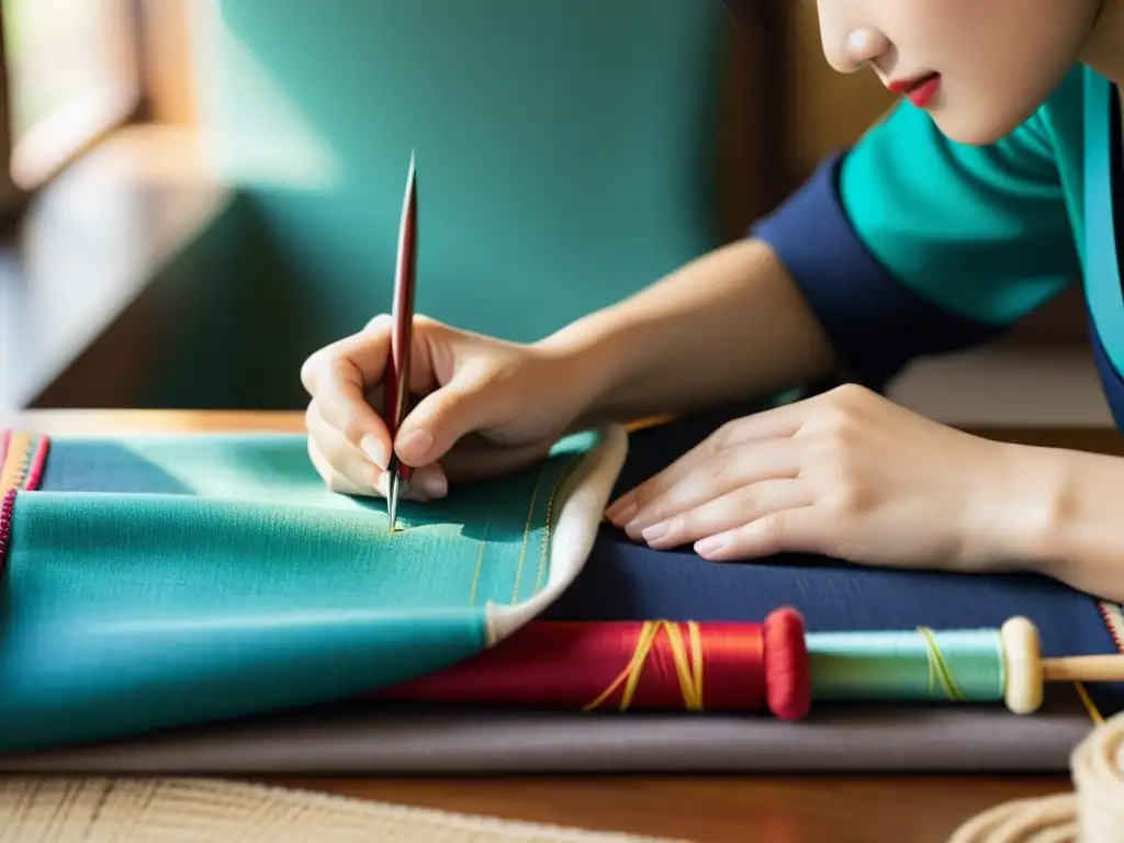 Un artesano coreano experto cosiendo tela tradicional con colores vibrantes, en un taller soleado y bien organizado