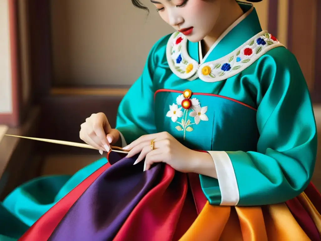 Artesano crea con delicadeza un hanbok, resaltando la moda étnica asiática contemporánea con bordados vibrantes y colores exquisitos