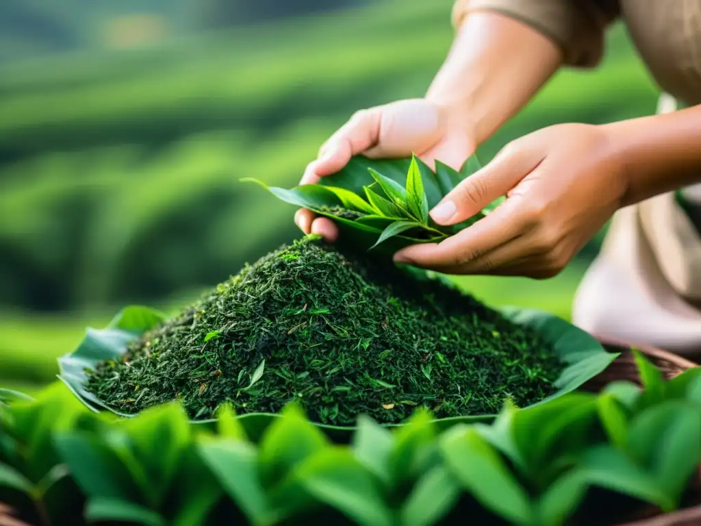 Un artesano enrolla con destreza hojas de té en una plantación asiática, mostrando la inversión en el mercado del té asiático con maestría y tradición