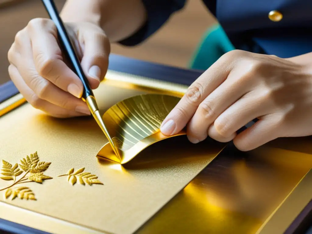 Un artesano aplica con destreza láminas de oro a una obra de arte japonesa, mostrando la técnica dorado arte japonés con maestría y precisión