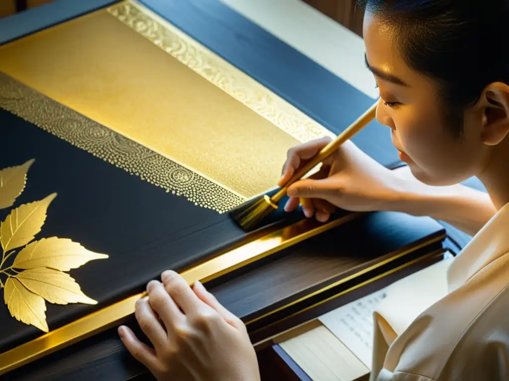 Un artesano aplica con destreza pan de oro a un biombo japonés, capturando la técnica dorado arte japonés con precisión y calidez