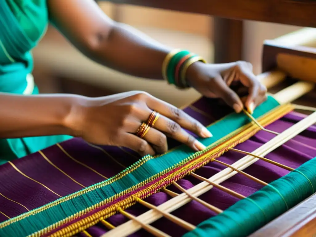 Artesanía india: Tejido de sari tradicional con maestría Un artesano teje con destreza un sari indio en un telar de madera, resaltando la influencia cultural del sari indio