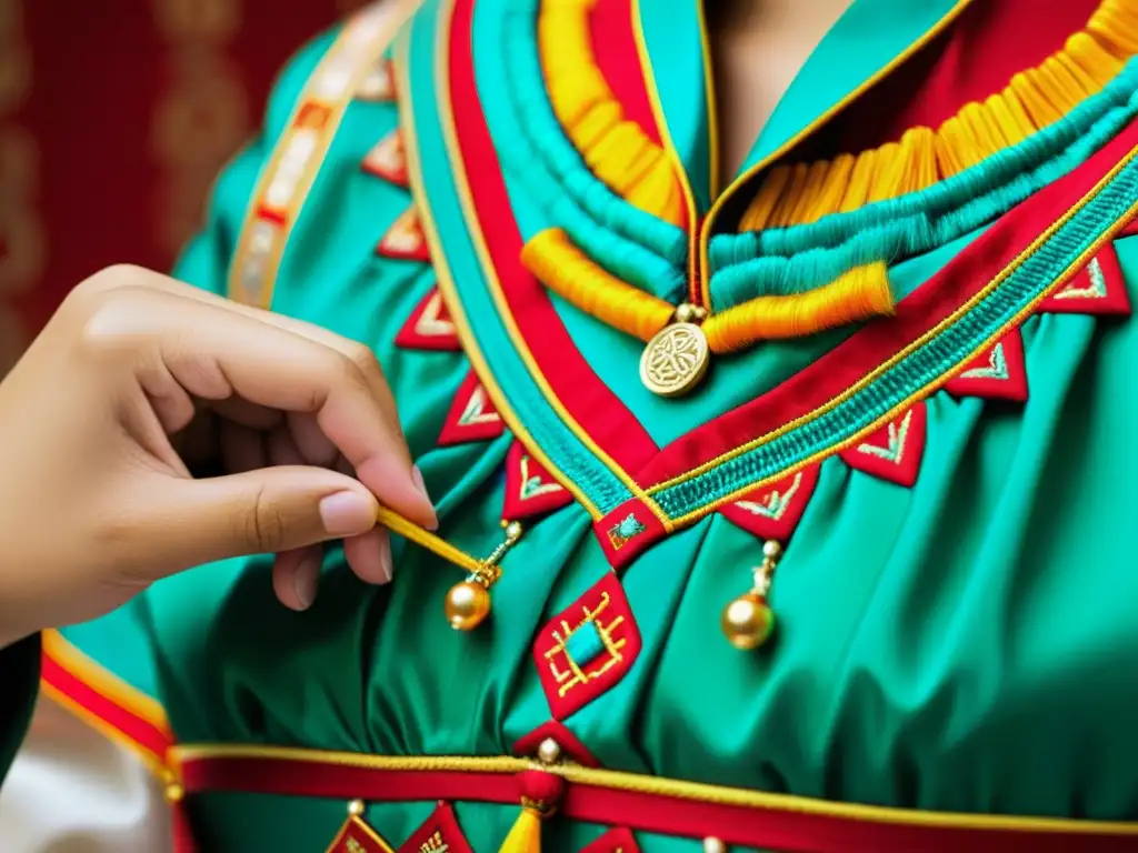 Artesano bordando detalle de moda tradicional mongola con patrones y colores vibrantes