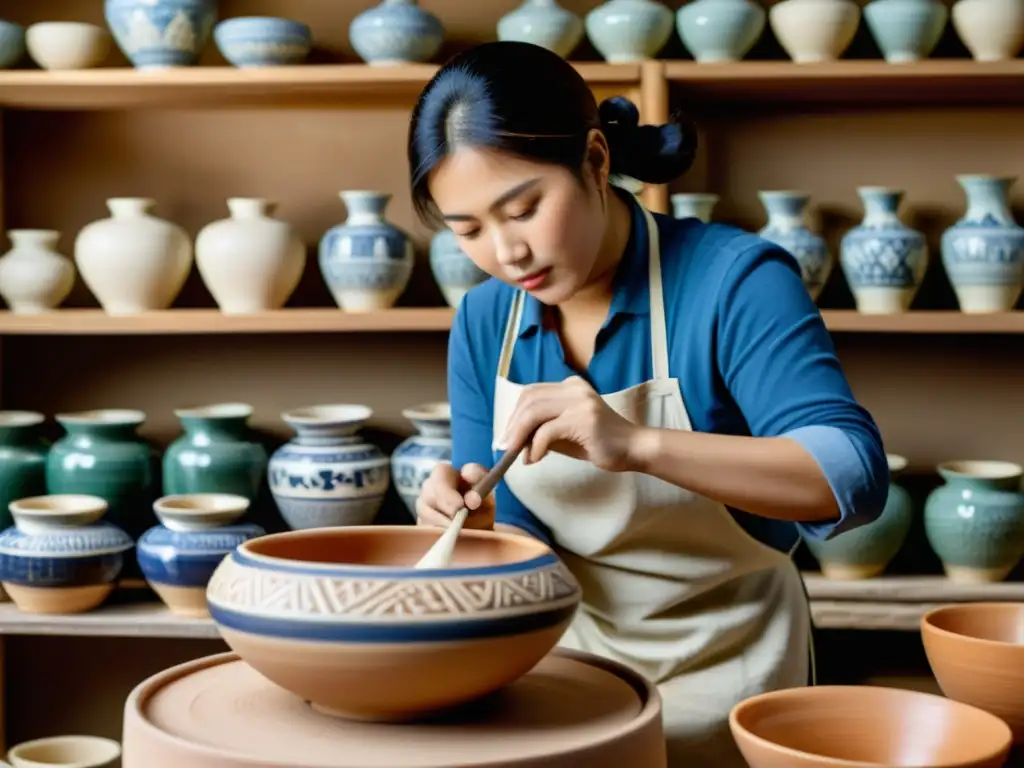 'Un artesano aplica diseños tradicionales a la cerámica asiática con precisión