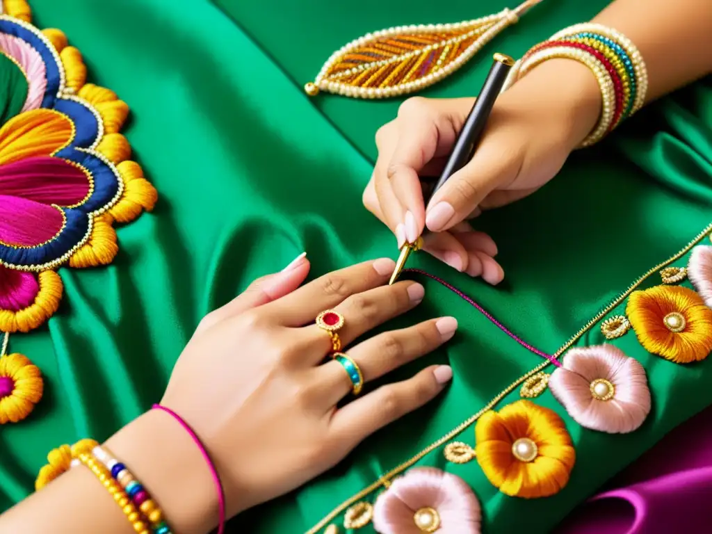 Un artesano experto borda con delicadeza un diseño tradicional sobre seda, resaltando la artesanía asiática de lujo