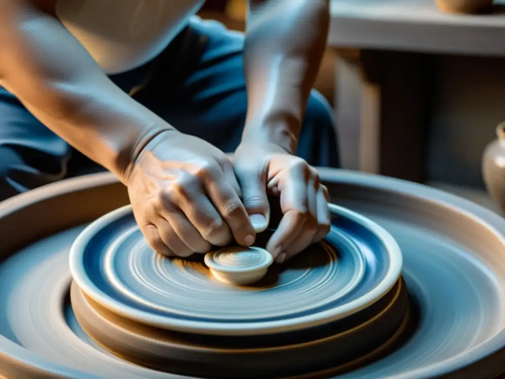 Un artesano experto moldea con destreza una pieza de porcelana Ming en su torno de alfarería