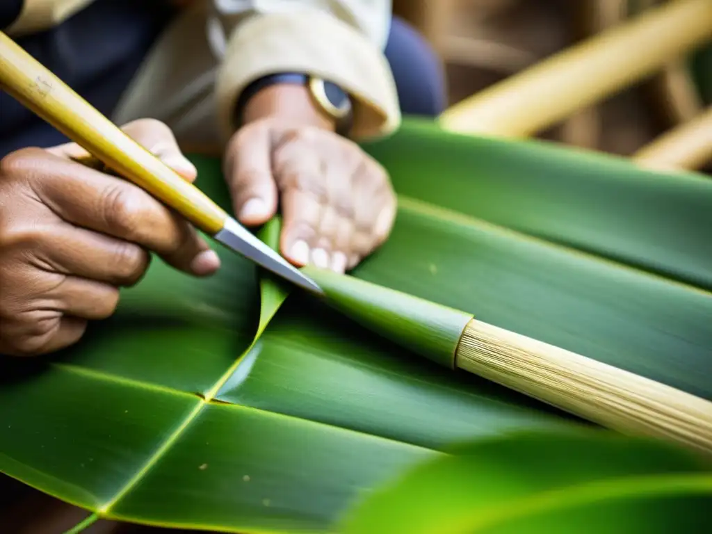 Un artesano experto esculpe con destreza un tallo de bambú para crear un pincel fino, destacando la evolución de los pinceles de bambú para caligrafía