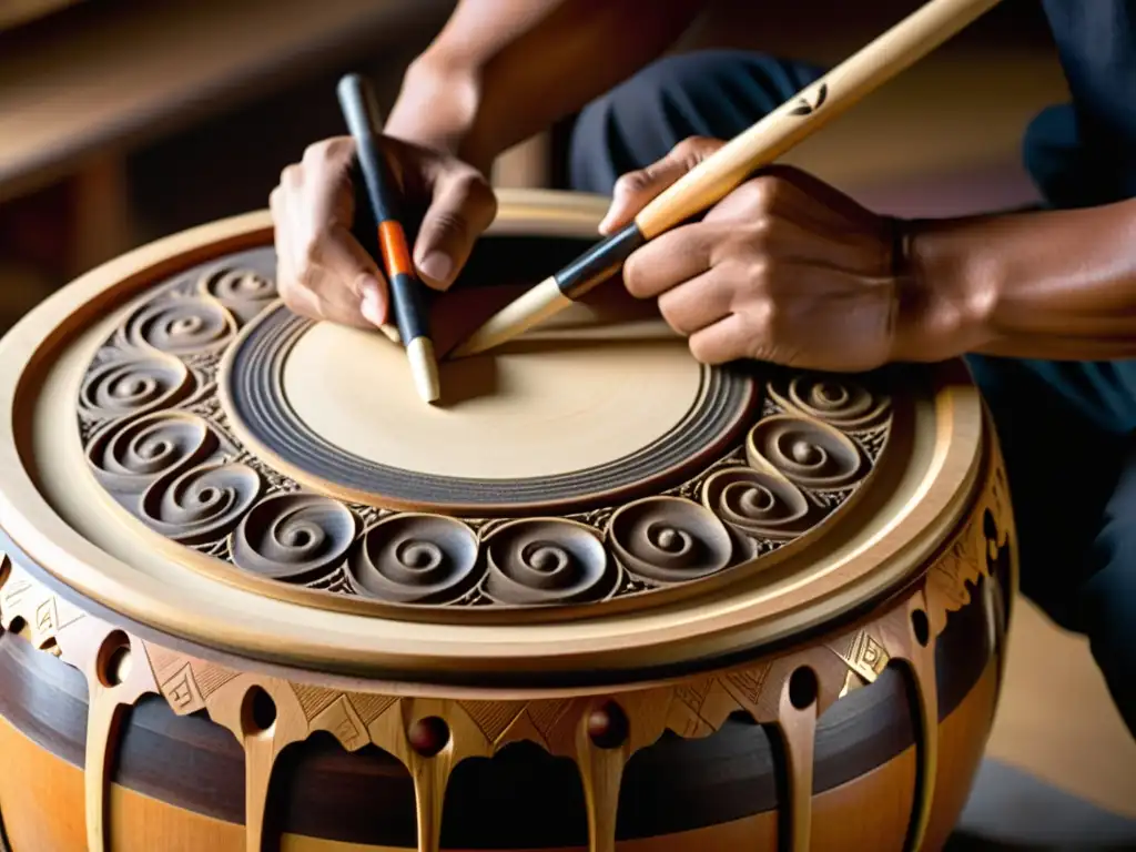 Un artesano experto talla diseños intrincados en un tambor taiko