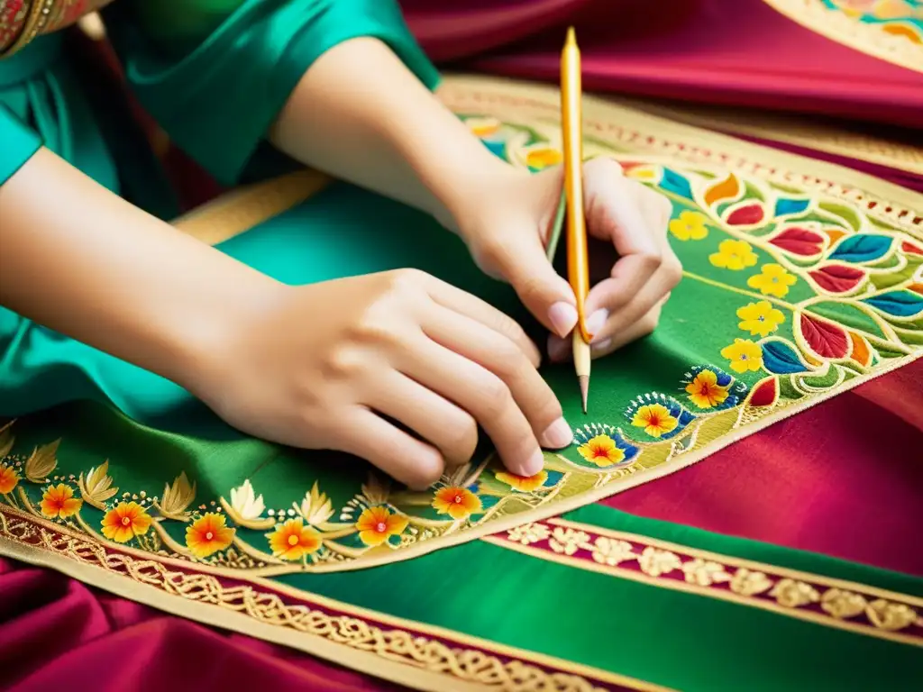 Un artesano experto pinta diseños tradicionales en seda, destacando la fusión de colores vibrantes y la precisión en los trazos