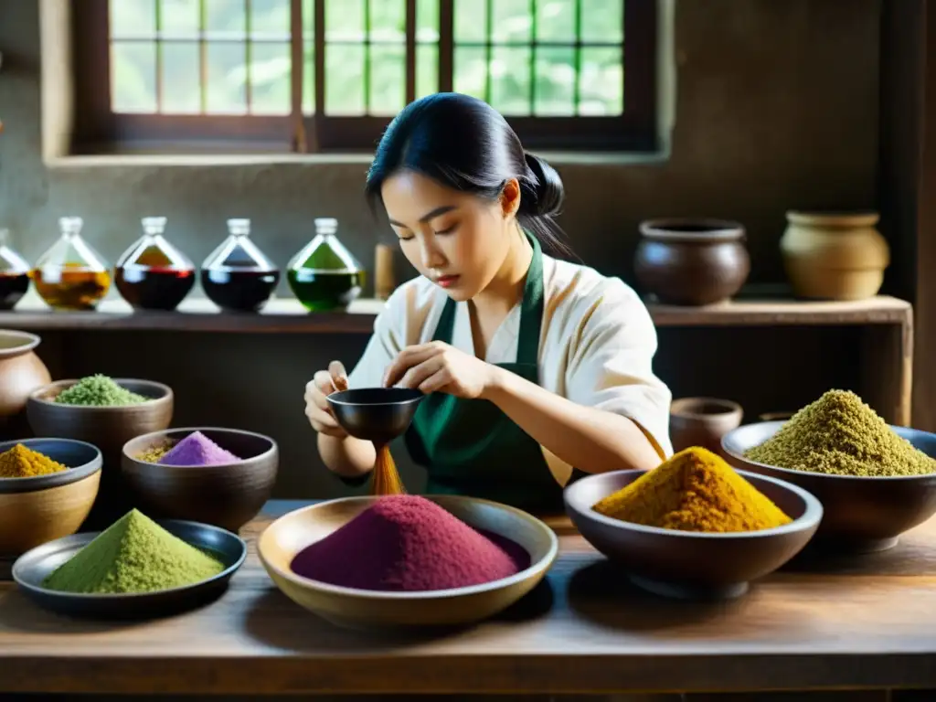 Un artesano experto mezcla ingredientes naturales para tintes naturales para cabello asiático en un taller rústico y soleado