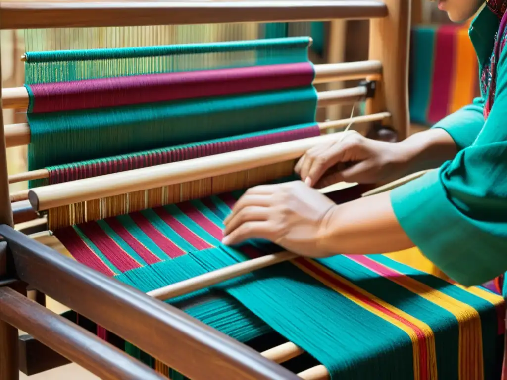 Un artesano experto teje meticulosamente patrones ikat vibrantes e intrincados en un telar de madera, mostrando la identidad cultural de Asia Central