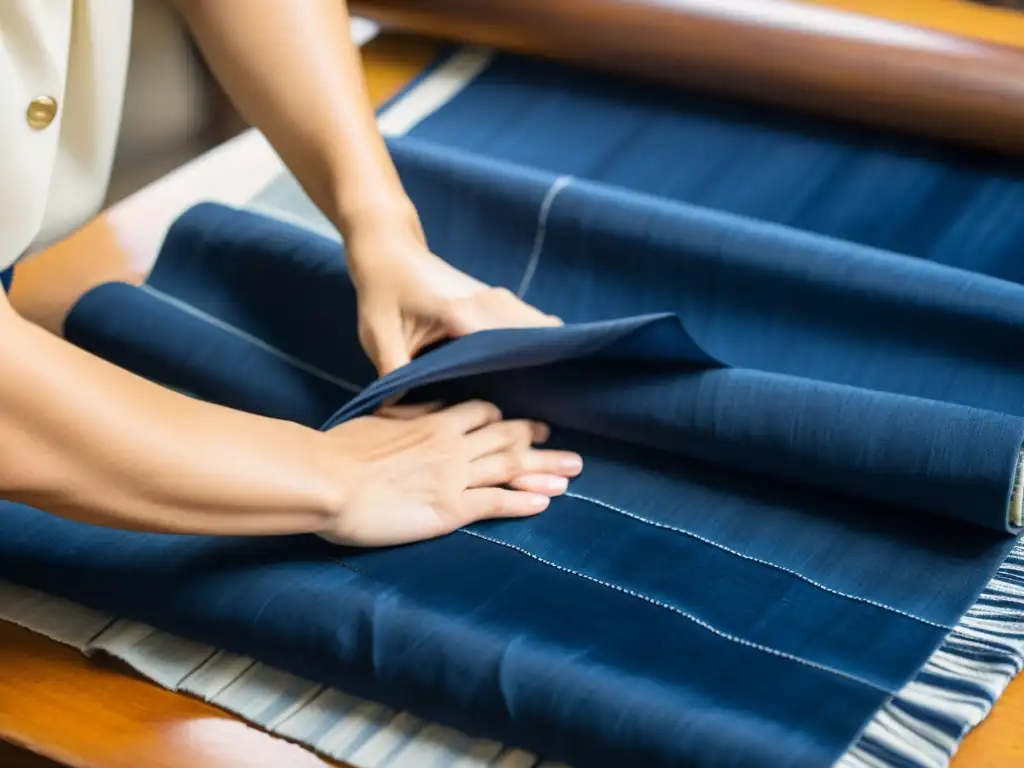 Artesano experto realiza pliegues precisos en tela índigo para la técnica tradicional de Shibori, mostrando el resurgimiento del Shibori y Batik