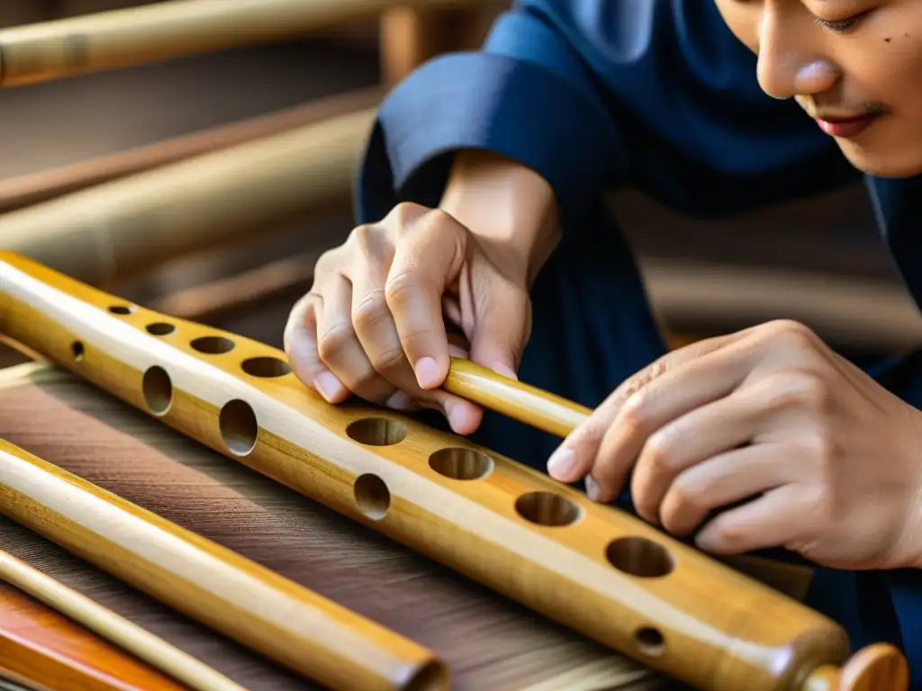 Un artesano experto moldea con precisión un Dizi chino, resaltando la belleza y la historia cultural del instrumento