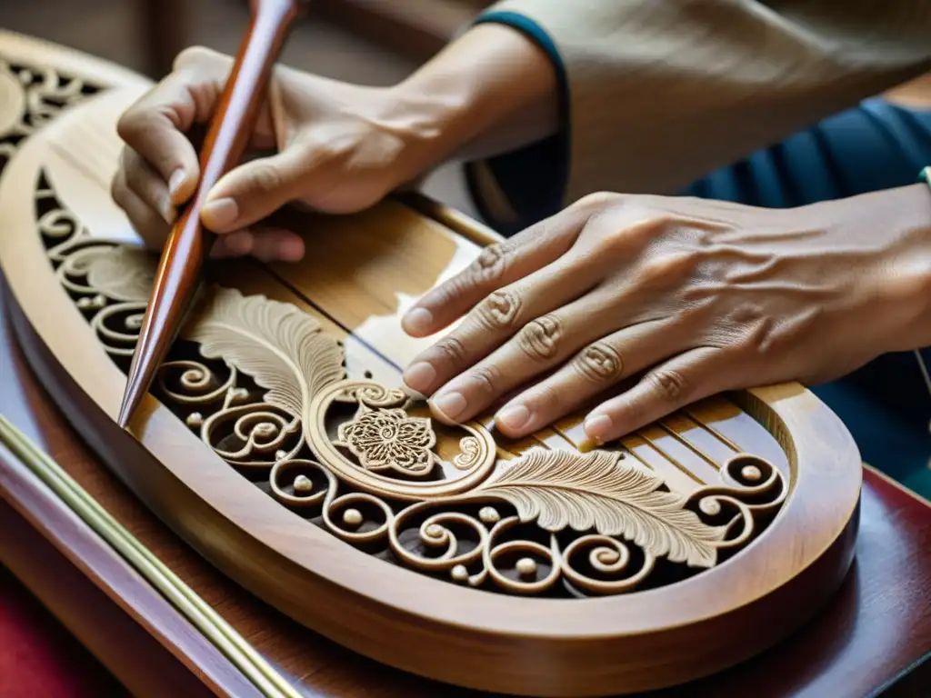 Un artesano experto talla delicados diseños en un Guzheng, destacando la historia del Guzheng chino y la dedicación a su preservación