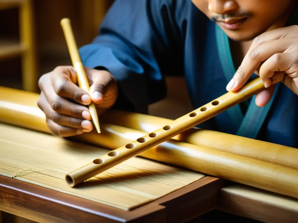 Un artesano experto talla con destreza una flauta de bambú, mostrando su significado simbólico y tradición