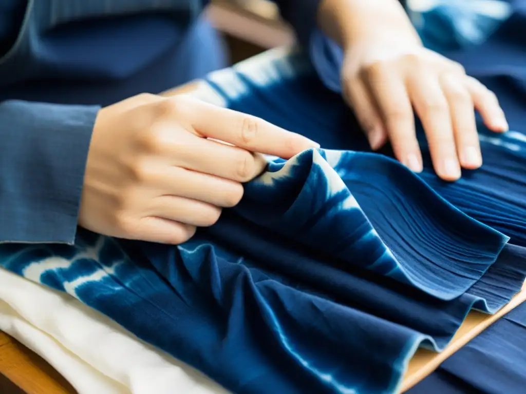 Un artesano experto pliega y tiñe tela con la técnica japonesa Shibori, destacando su meticulosa artesanía y la influencia en la moda occidental