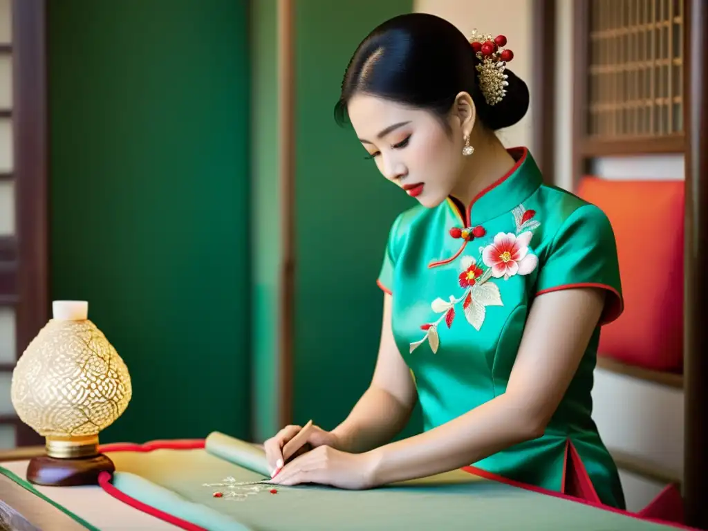 Un artesano experto crea un traje Qipao con delicados detalles y bordados, resaltando la tradición y la cultura asiática