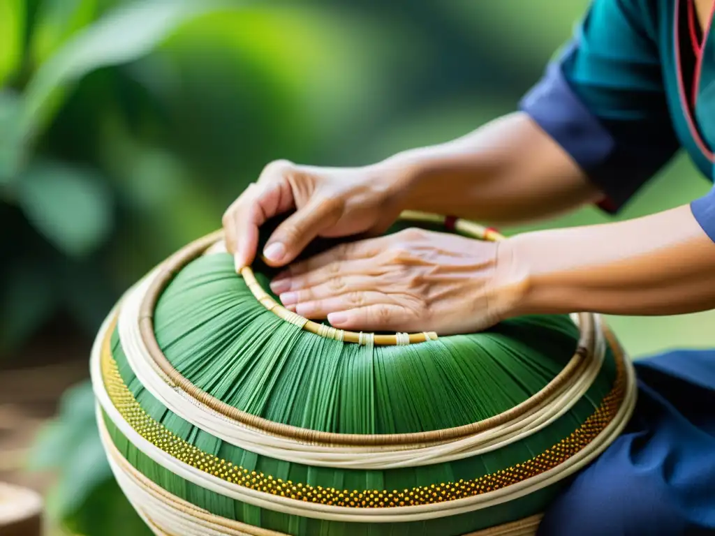 Un artesano teje con maestría fibras naturales para crear una cesta asiática tradicional