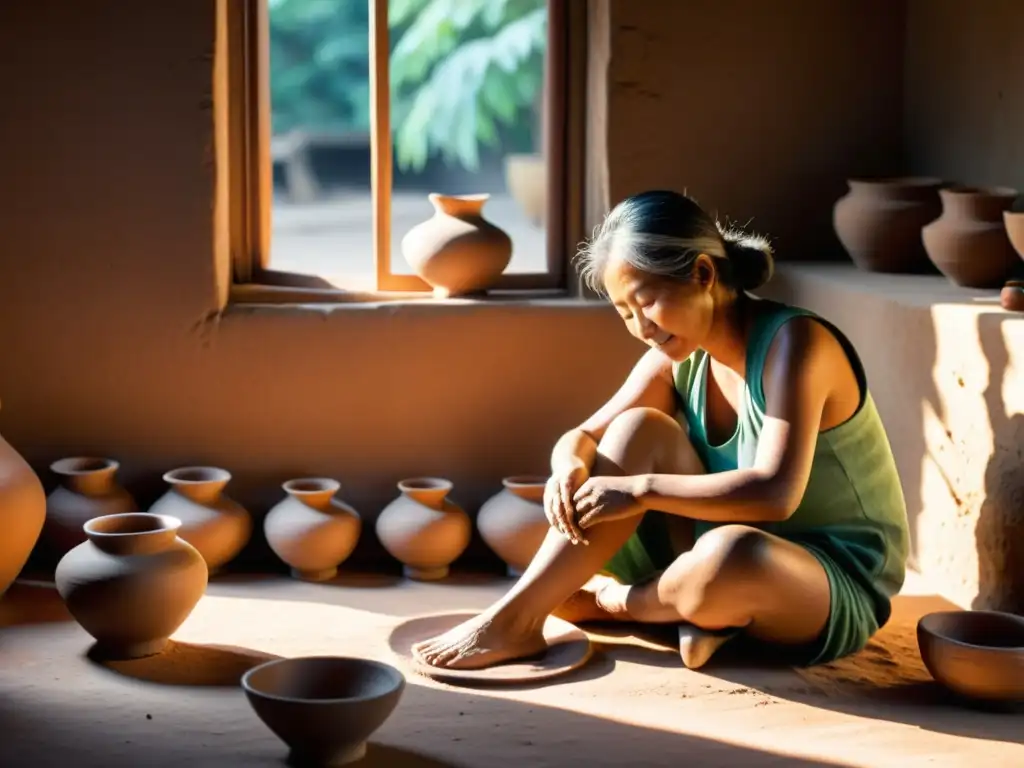 Un artesano hábil en una aldea asiática moldea cerámica tradicional con calma y destreza, rodeado de su rica artesanía