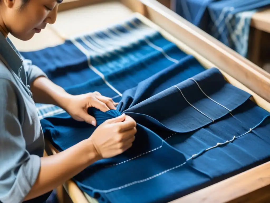 Un artesano habilidoso practica el antiguo arte del Shibori entre vibrantes tintes de índigo natural