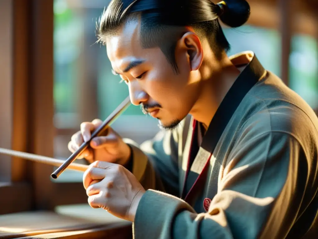 Un artesano habilidoso talla con precisión las curvas de un erhu chino, mientras la luz natural ilumina el taller