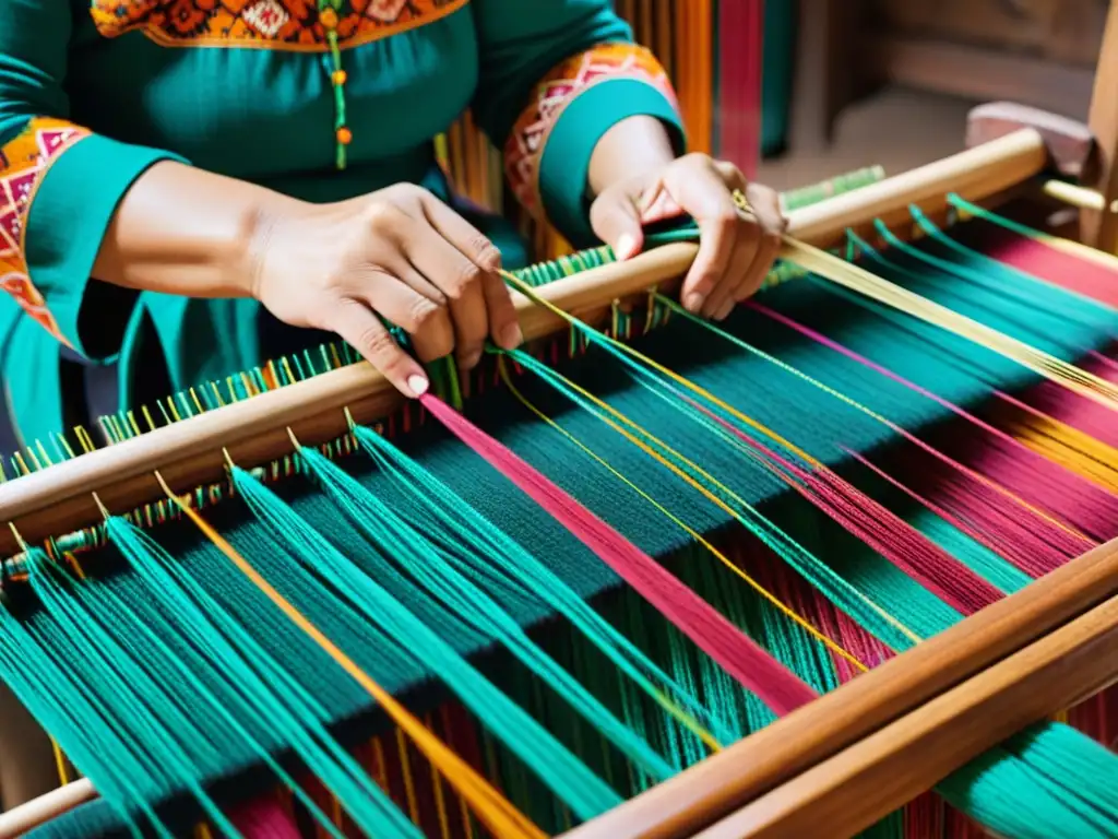 Un artesano teje con precisión hilos coloridos en un telar de madera, creando un patrón ikat