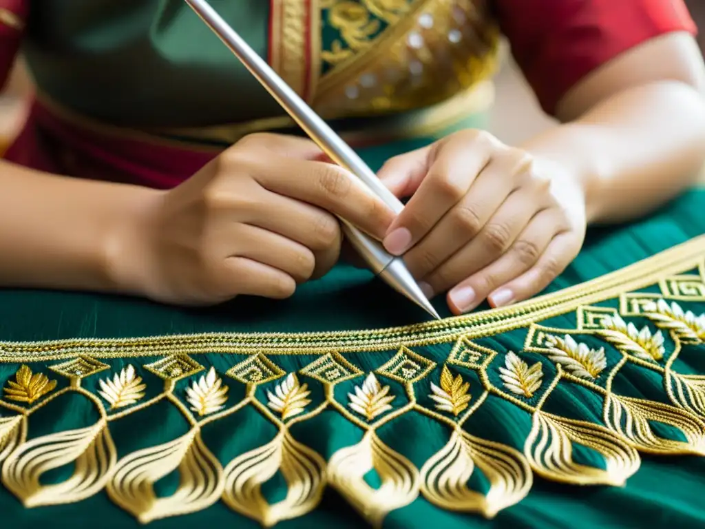 Un artesano tailandés borda con maestría hilos de oro y plata en un exquisito Ao Yai, mostrando el papel del Ao Yai Tailandés en la moda