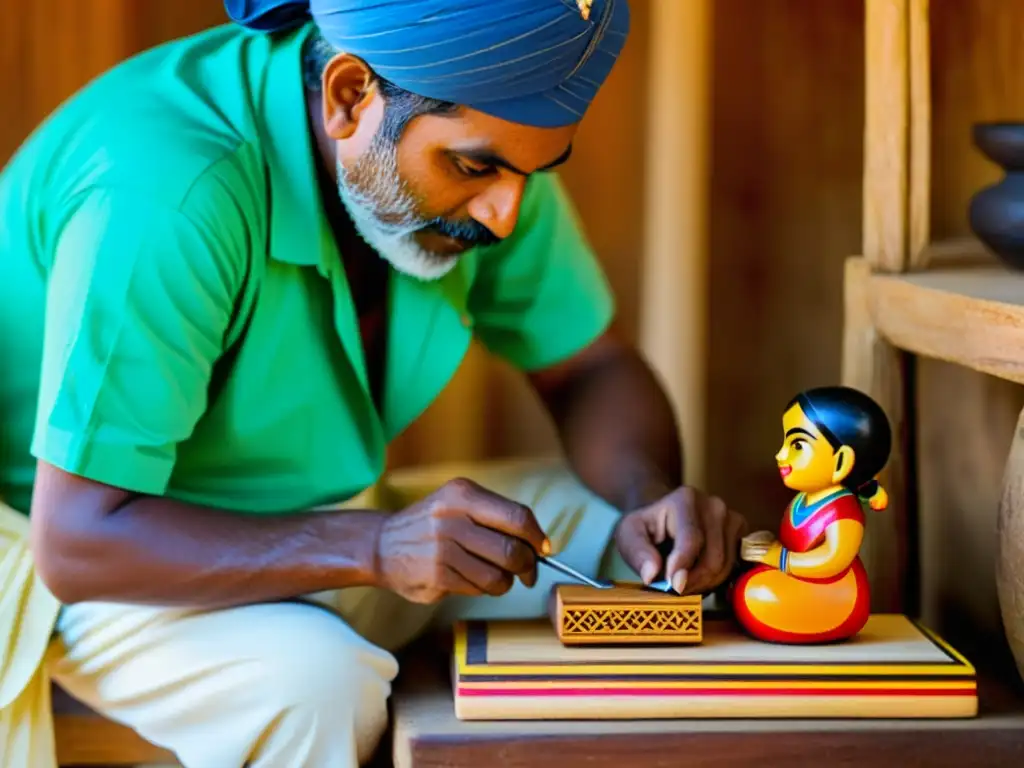 Un artesano de Channapatna, India, talla con precisión una colorida figurilla de madera, destacando la artesanía tradicional de Asia