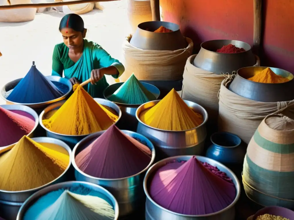 Artesano indio preparando secretos tintes naturales para indumentaria asiática, envuelto en colores vibrantes y tradición centenaria