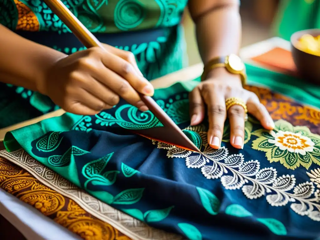 Un artesano indonesio aplica con destreza la cera a un detallado tejido batik, resaltando la historia del batik indonesio