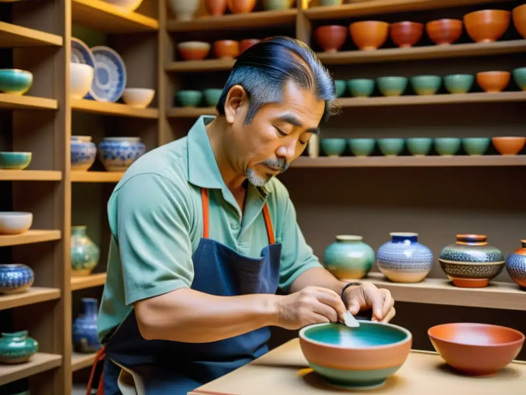 Artesano japonés pintando cerámica en taller, estrategia de innovación cultural en Japón