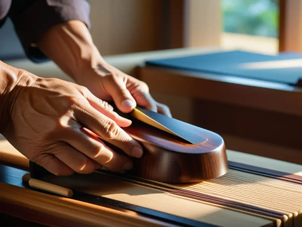 Un artesano japonés esculpe con delicadeza la madera para crear el cuerpo del koto japonés, bañado en luz natural cálida