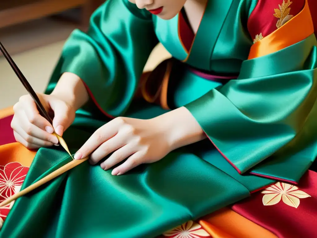 Un artesano japonés con destreza elabora un kimono, mostrando el significado oculto de los kimonos japoneses en cada puntada