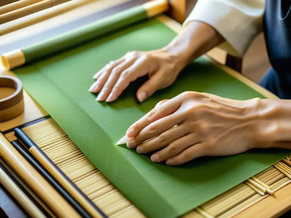 Un artesano japonés con destreza fabrica papel washi, mostrando la dedicación y precisión de esta ancestral cultura japonesa