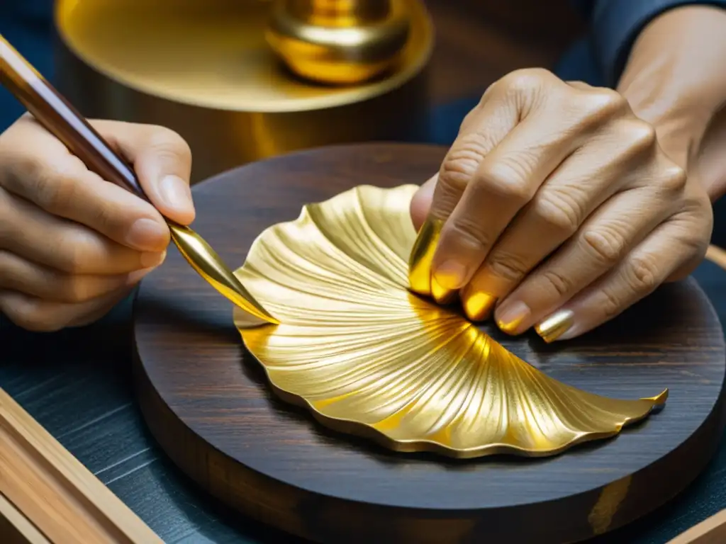 Artesano japonés aplica con destreza la técnica dorado arte japonés en escultura de madera, evocando tradición y belleza