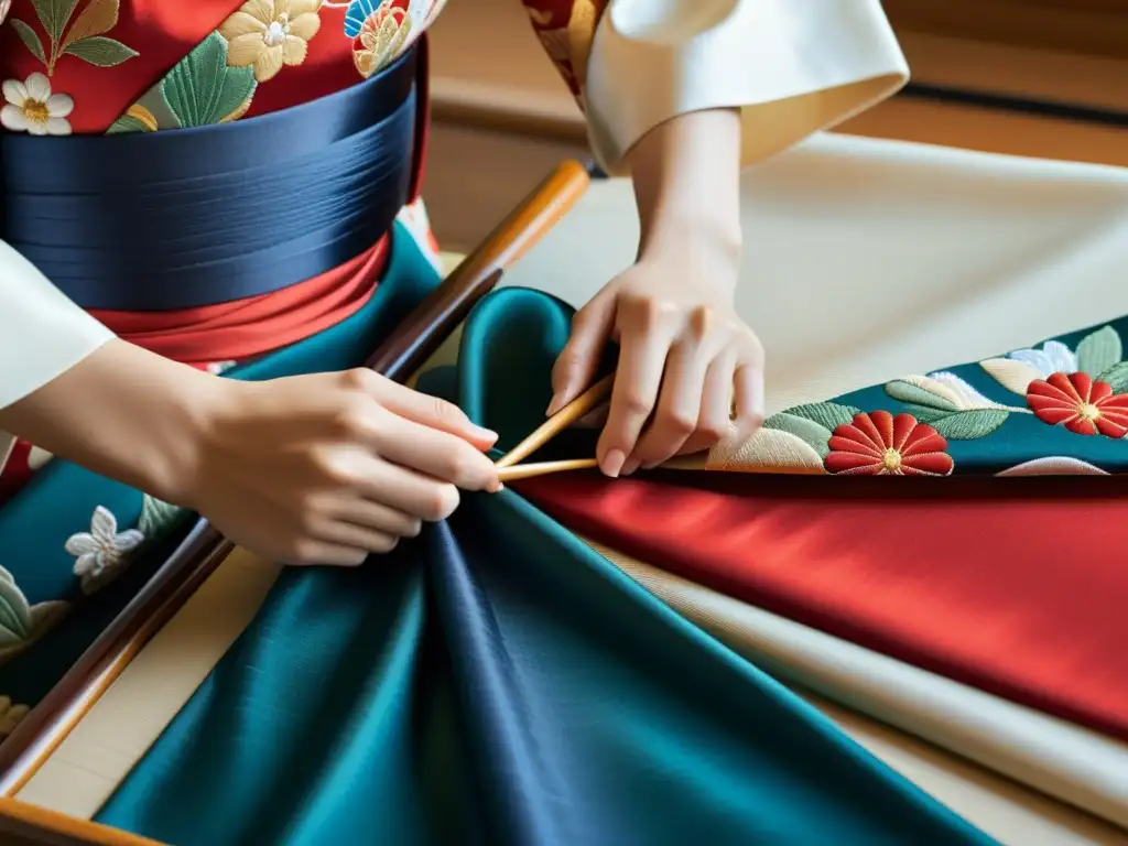 Artesano japonés elaborando con detalle un kimono, destacando la evolución de la moda de lujo en Japón