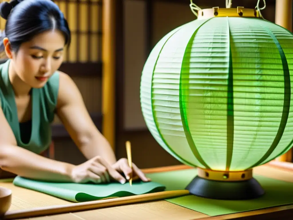 Un artesano japonés experto moldea con cuidado un farolillo de papel washi, destacando el arte de la iluminación japonés tradicional