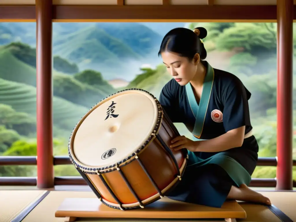 Un artesano japonés experto crea un tambor taiko con detalles intrincados, en un entorno sereno