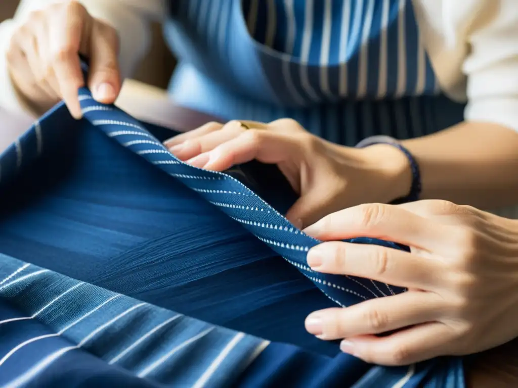 Un artesano japonés experto en la técnica Shibori dobla con precisión la tela, listo para aplicar el vibrante tinte índigo